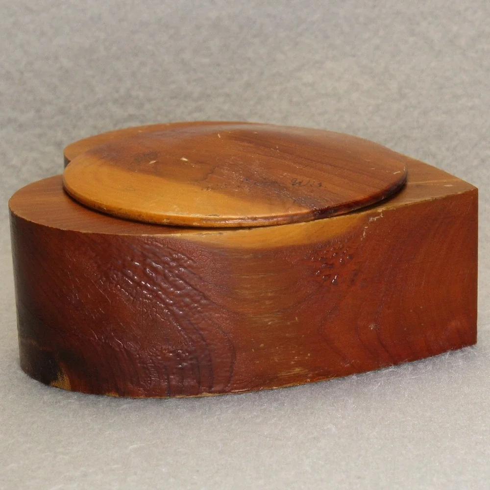 Handmade Heart Trinket Box Cedar Wood Brown Swivel Lid Signed Folk Art Gift